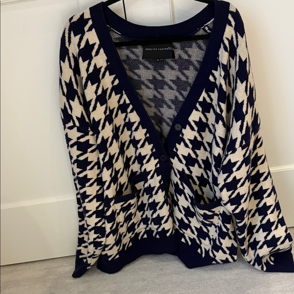 English Factory Oversized Cardigan in Navy and Cream